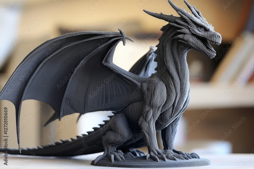 Fototapeta premium Detailed Black Dragon Sculpture with Majestic Wings and Fierce Expression