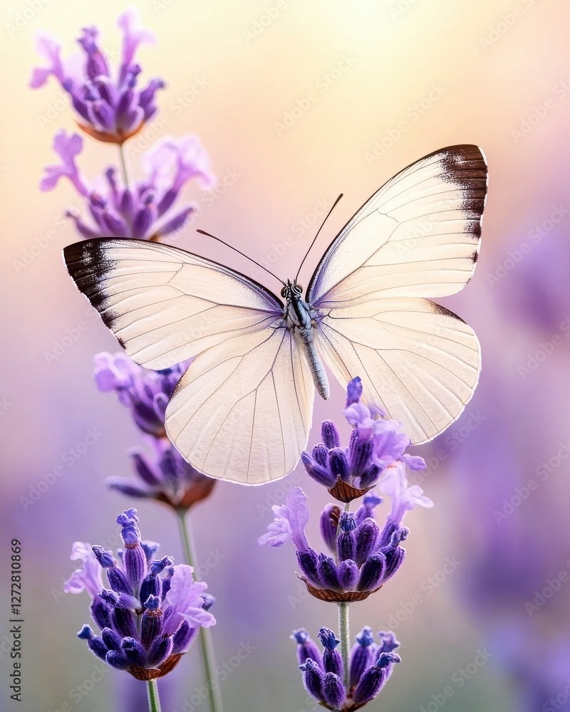 Naklejka premium pastel spring vibes light concept. A delicate white butterfly perched on vibrant lavender flowers in a soft, dreamy background.
