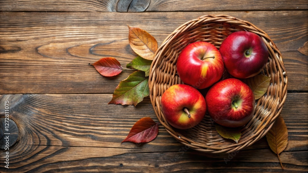 top view of two ripe red apples in a basket on a wooden table, still life, autumnal colors, still life, autumnal colors top view of two ripe red apples in a basket on a wooden table, still life, autumnal colors, still life, autumnal colors