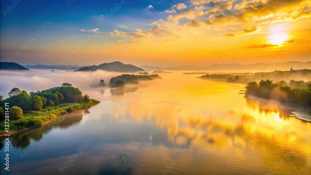 Fototapeta premium Serene sunrise over vast expanse of Yellow River in Sichuan Province, with misty morning fog gently lifting off tranquil waters , yellow river, scenic landscape