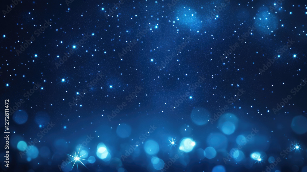 Obraz premium A starry sky background illuminated by blue light bokeh, creating a festive and magical atmosphere. The twinkling stars shine gently in a dreamy, ethereal night sky, perfect for capturing the joy