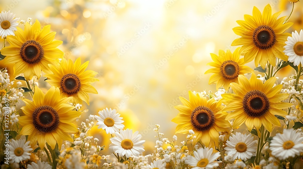 Fototapeta premium Sunflowers in vibrant yellow tones and pure white daisies arranged along the edges, central blank area with a soft cream background for text, softly diffused sunlight, hd details,