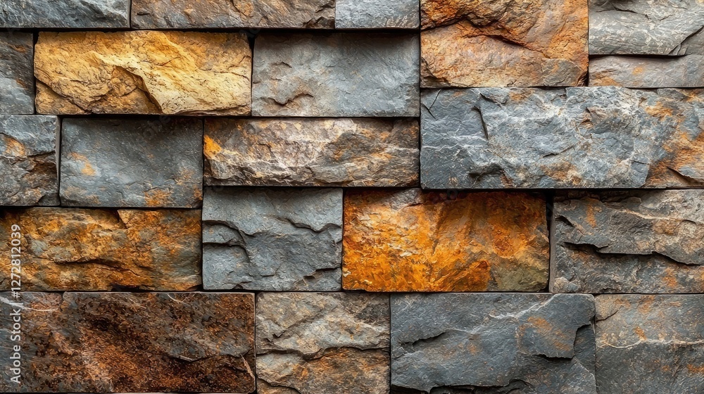 Close-up view of a textured stone wall featuring a mix of gray and orange hues, ideal for design projects Close-up view of a textured stone wall featuring a mix of gray and orange hues, ideal for design projects