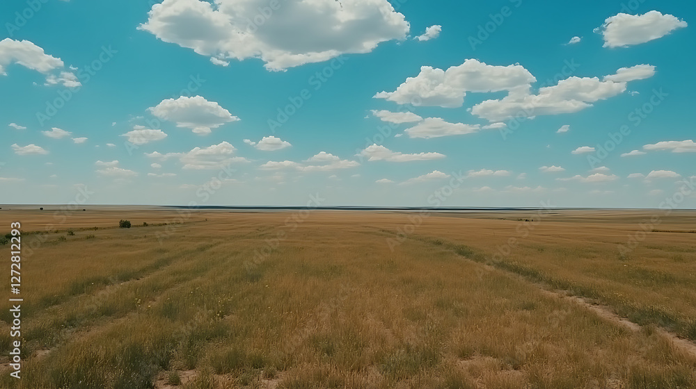 Expansive Golden Field Under Azure Sky A Vast Landscape Of Tranquility And Serenity On A Bright Sunny Day. Expansive Golden Field Under Azure Sky A Vast Landscape Of Tranquility And Serenity On A Bright Sunny Day.