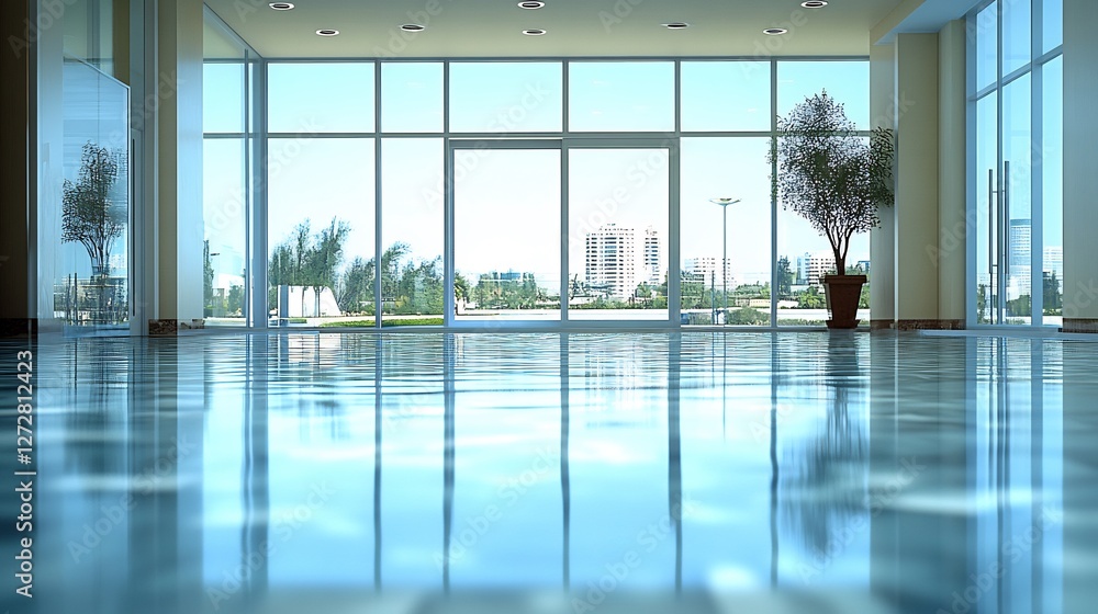 Fototapeta premium Brightly lit modern lobby reflects cityscape subtly. AI Generated