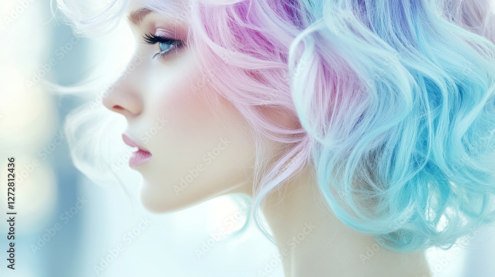 Dreamy Pastel Portrait: A close-up, side-profile of a young woman with vibrantly colored hair, capturing a look of serenity and beauty, evokes a sense of fantasy and style. Dreamy Pastel Portrait: A close-up, side-profile of a young woman with vibrantly colored hair, capturing a look of serenity and beauty, evokes a sense of fantasy and style.