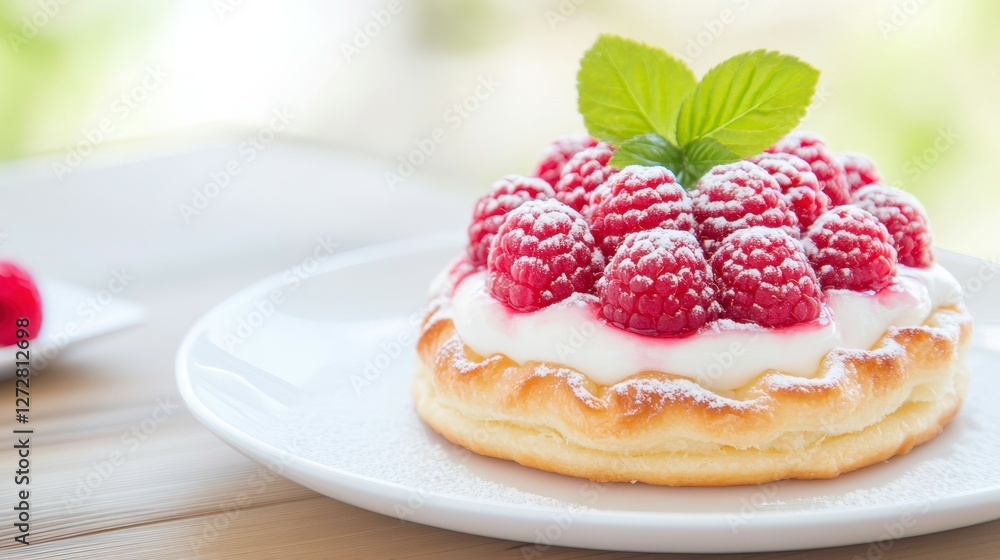 Raspberry Tart: A delectable raspberry tart, artfully arranged with fresh berries, creamy filling, and a sprig of mint, presented on a pristine white plate Raspberry Tart: A delectable raspberry tart, artfully arranged with fresh berries, creamy filling, and a sprig of mint, presented on a pristine white plate