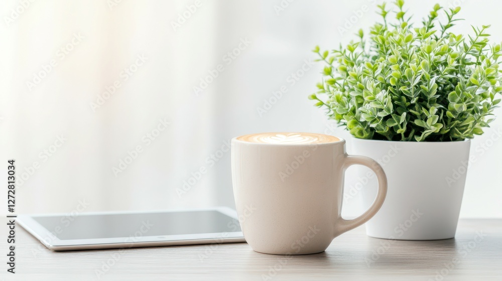 Obraz premium Morning Ritual: A tranquil scene featuring a cappuccino, tablet and plant, evoking a sense of serenity and gentle start to the day.
