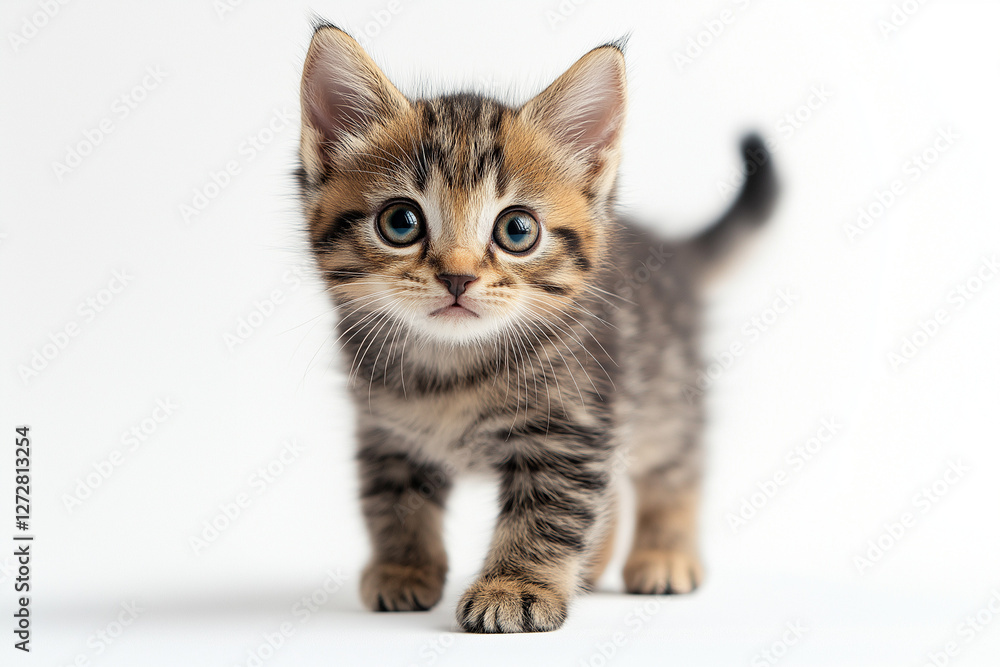 Fototapeta premium Curious Tabby Kitten Walking Forward Close-up Portrait