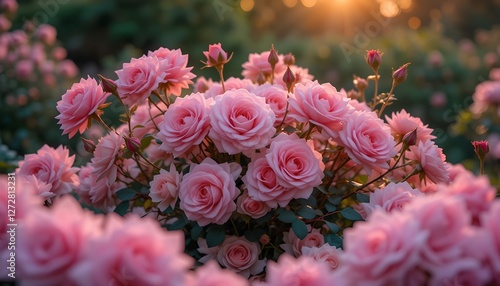 Amazing pink roses - bush with many small pinki roses -beauty of nature in Russia in sunset