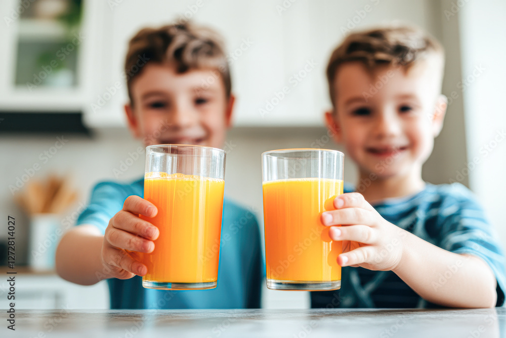 Kids toasting with juice kitchen candid moment home close-up joyful celebration Kids toasting with juice kitchen candid moment home close-up joyful celebration