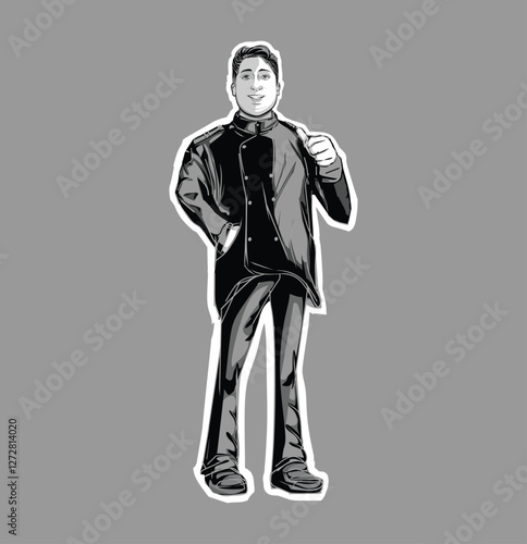 Confident Happy Man in Uniform - Chef or Admiral Giving Thumbs Up - Flat Grayscale