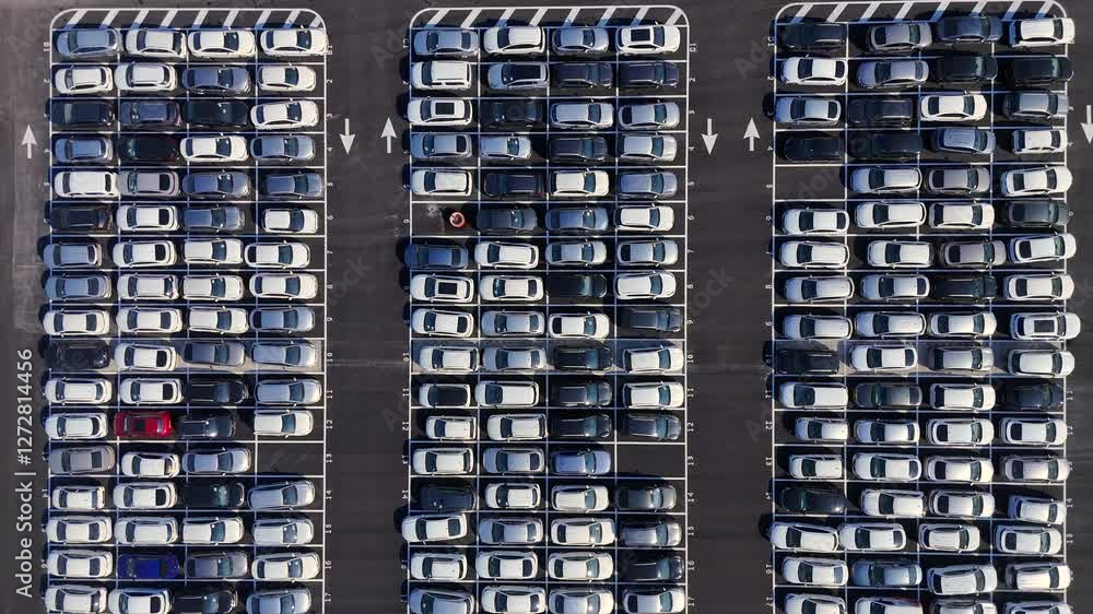 Brand New Cars Parked In A Large Parking Lot, Aerial View Brand New Cars Parked In A Large Parking Lot, Aerial View