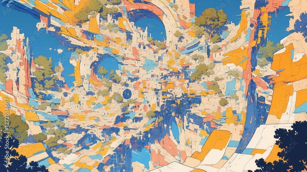Fototapeta premium Abstract cityscape, vibrant colors, surreal environment, imaginative
