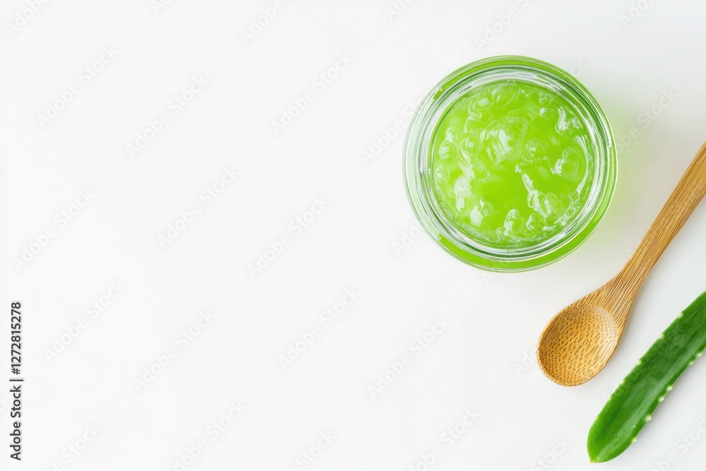 Aloe vera gel in a transparent glass jar with a standard spoon natural setting photography minimalist environment top view concept of skin care and wellness Aloe vera gel in a transparent glass jar with a standard spoon natural setting photography minimalist environment top view concept of skin care and wellness