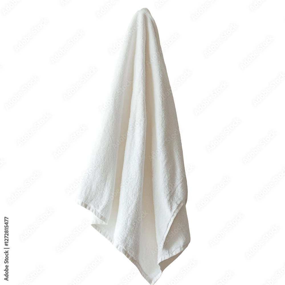 Fototapeta premium White towel hanging on black background soft fluffy clean bath textile linen cotton spa comfort bedroom bathroom