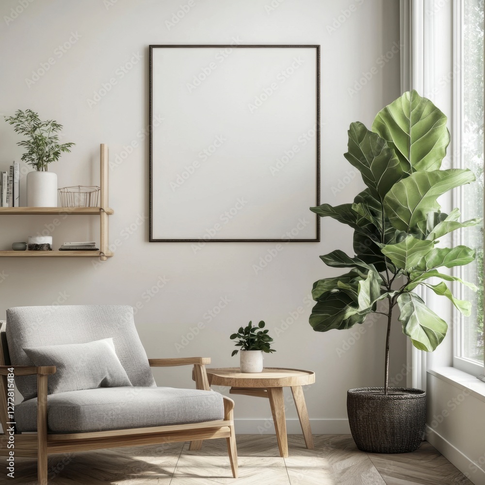 Cozy modern interior with empty frame and lush indoor plant Cozy modern interior with empty frame and lush indoor plant