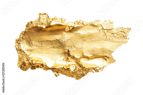 Gold nugget isolated on cut out PNG or transparent background. Gold watercolor texture paint stain rough. Shining brush stroke for design project. Golden foil from paint against. shiny gold foil.