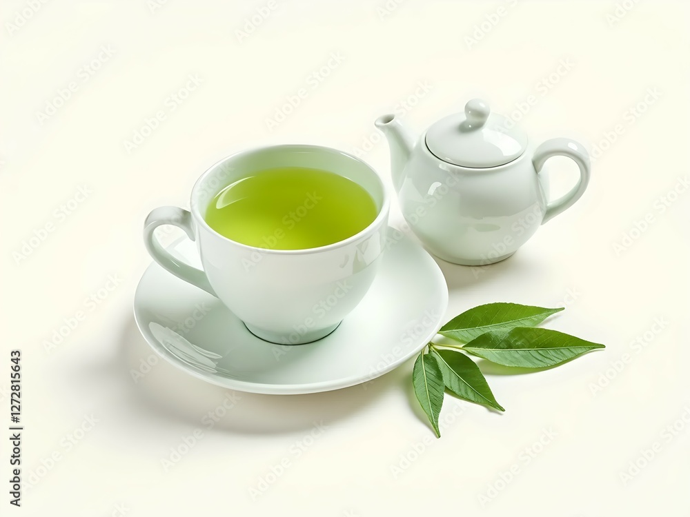 Hot Green Tea on Isolated White Surface Hot Green Tea on Isolated White Surface