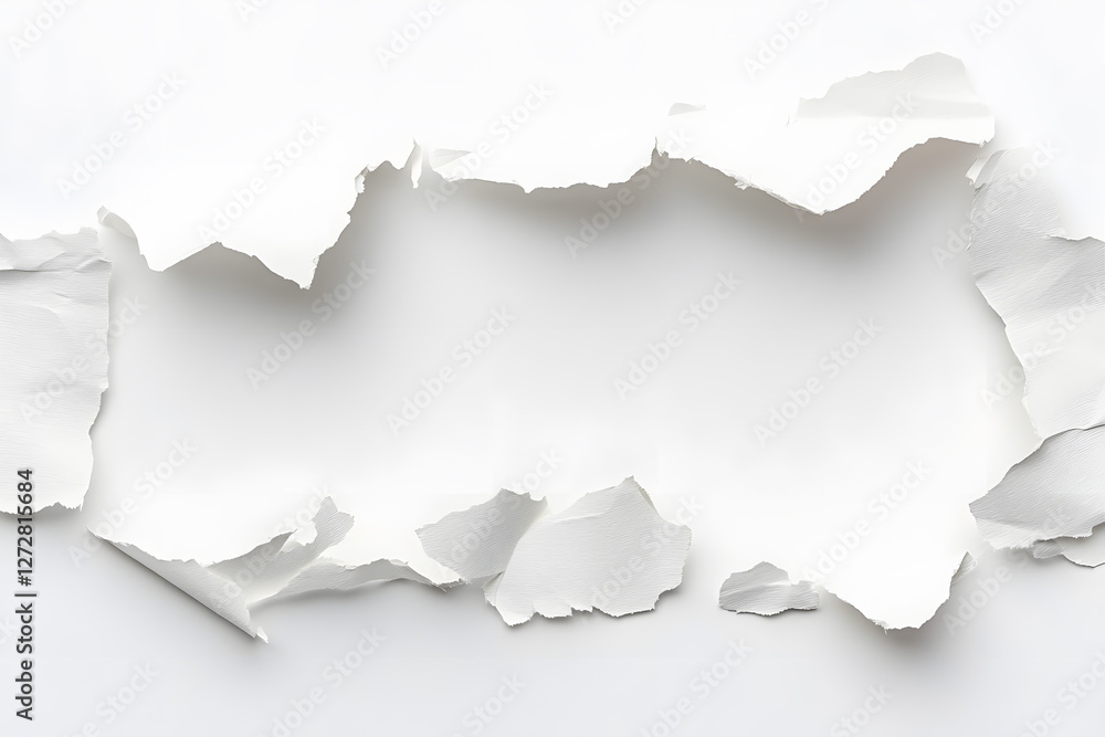 Ripped hole torn in ripped paper with broken hole in white paper craft on white background with light and shadow. Background Abstract Texture Ripped hole torn in ripped paper with broken hole in white paper craft on white background with light and shadow. Background Abstract Texture
