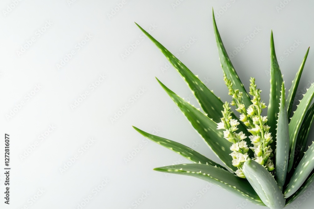 Fototapeta premium Aloe vera plant with flowers light gray background botanical photography minimalist style close-up view natural beauty and healing properties