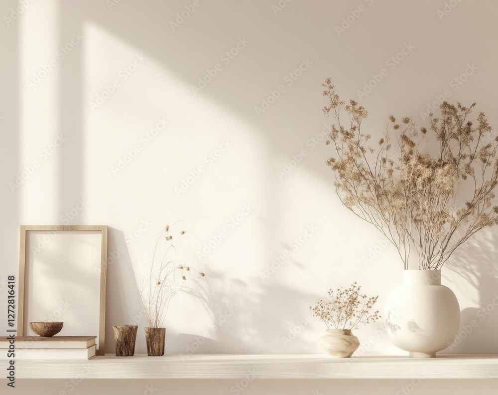 Elegant Minimalist Interior Display with Natural Elements and Light
