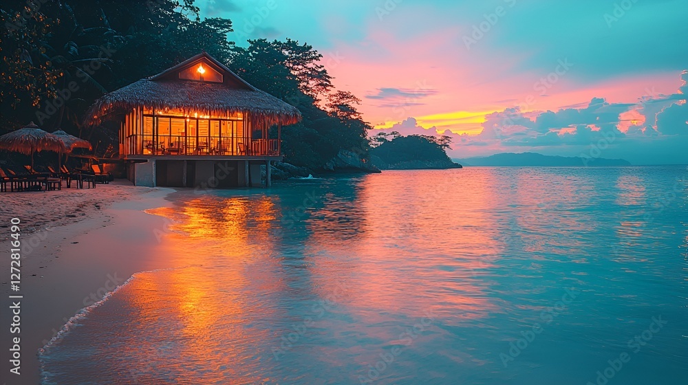 Fototapeta premium Tropical beach hut at sunset, calm sea, vibrant colors
