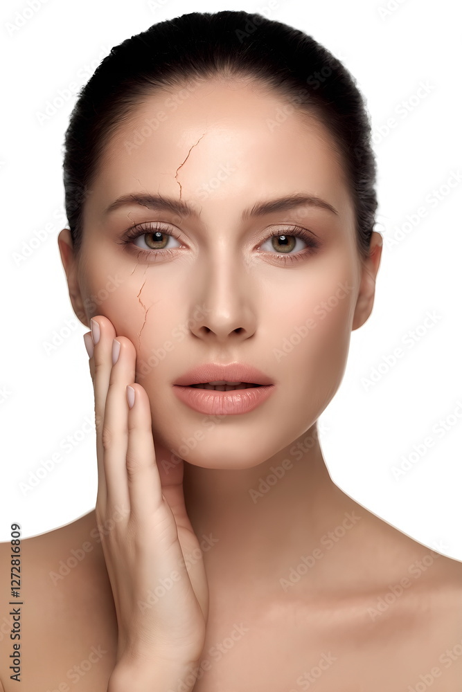 A woman gently touches her face, revealing signs of dry and cracked skin, highlighting the need for skincare A woman gently touches her face, revealing signs of dry and cracked skin, highlighting the need for skincare