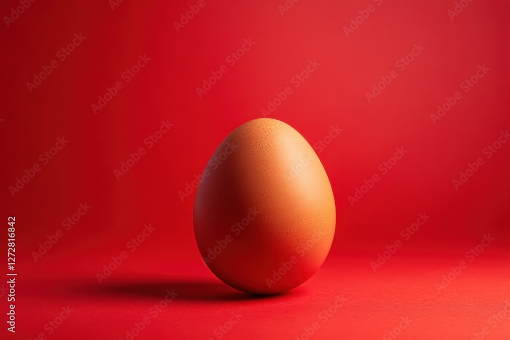 Single brown egg is displayed against a red background Single brown egg is displayed against a red background
