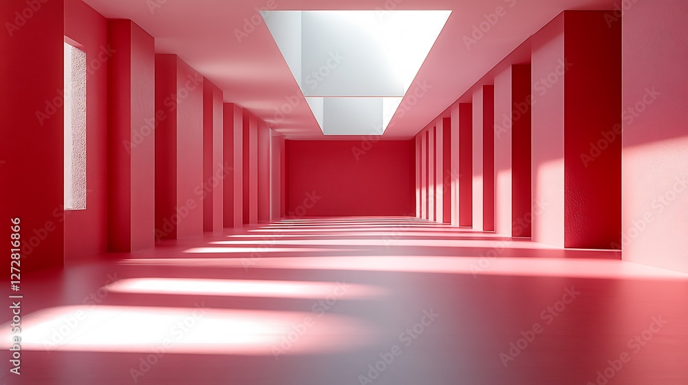 Obraz premium Bright sunlight illuminates a long red hallway subtly enhancing the minimalist aesthetic. AI Generated