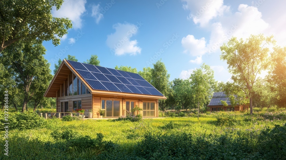 Modern Eco-Friendly House with Solar Panels in Scenic Landscape Modern Eco-Friendly House with Solar Panels in Scenic Landscape