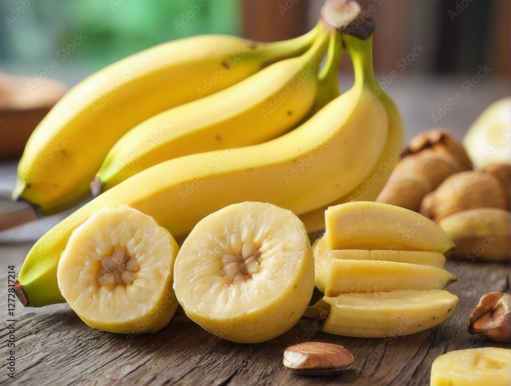 Bountiful yellow bananas on wooden table with slices, fresh and natural theme. Bountiful yellow bananas on wooden table with slices, fresh and natural theme.