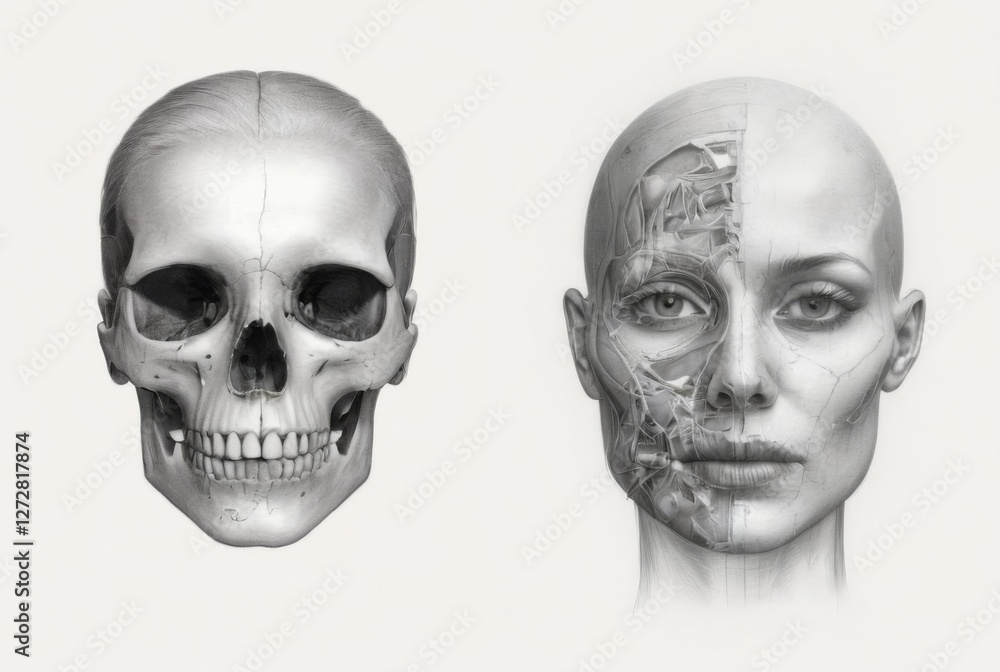 Fototapeta premium Realistic black and white skull sketch next to woman's face, detailed features, serious expression, plain white background.