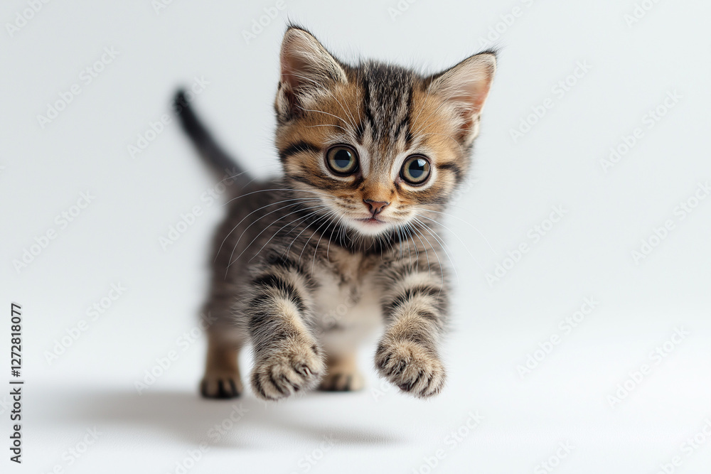Obraz premium Playful Tabby Kitten Mid-Jump on White Background