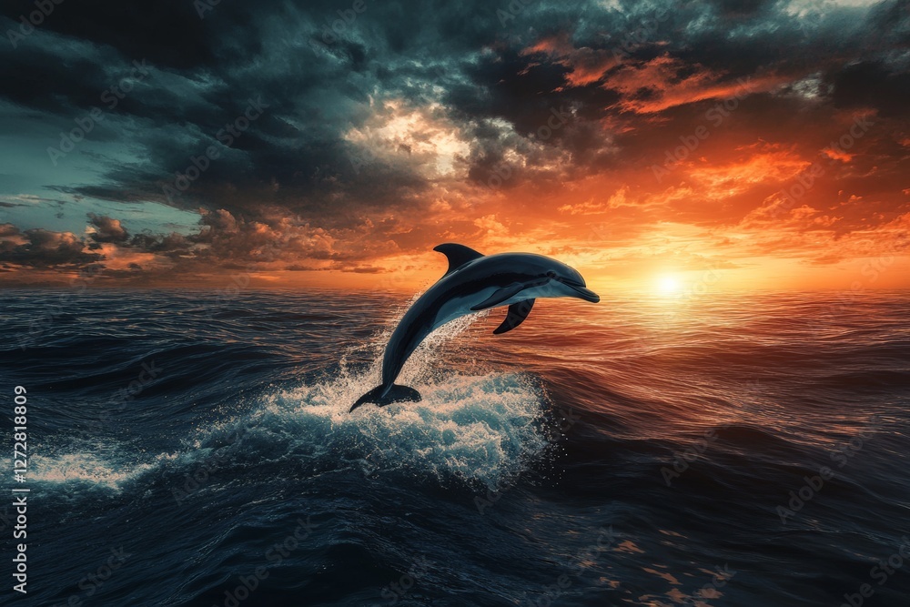 Fototapeta premium Dolphin leaping in vibrant sunset ocean scene
