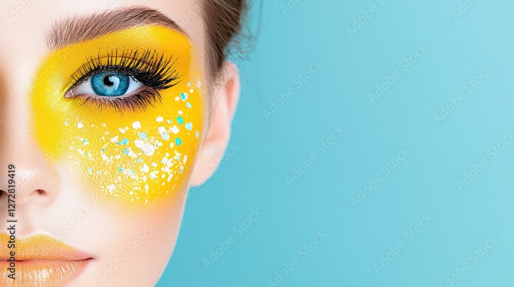 Fototapeta premium Woman, yellow makeup, blue background, beauty shot, cosmetic ad