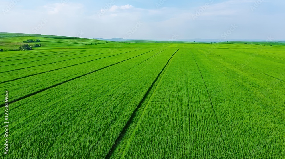 Obraz premium Expansive green agricultural field stretches to the distant horizon