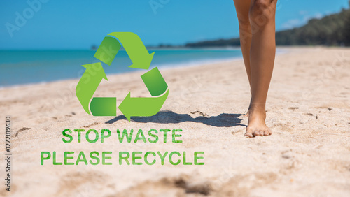 Woman's legs walking on the beach with a recycling symbol on the sand. icon of reusing unwanted items to reduce the planet's waste. Concept of conservation, environment, renewable energy.