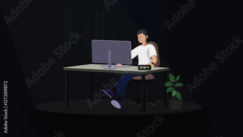 A man using his workstation or desktop in office environment in night. Then got something interesting and looking into it. Time and the environment shows it is night. 