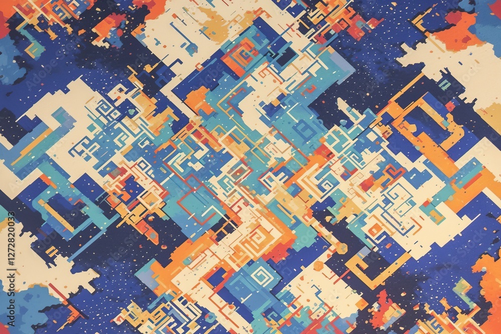 Fototapeta premium Abstract geometric pattern design, colorful shapes, pixelated art, for digital wallpaper, graphic design