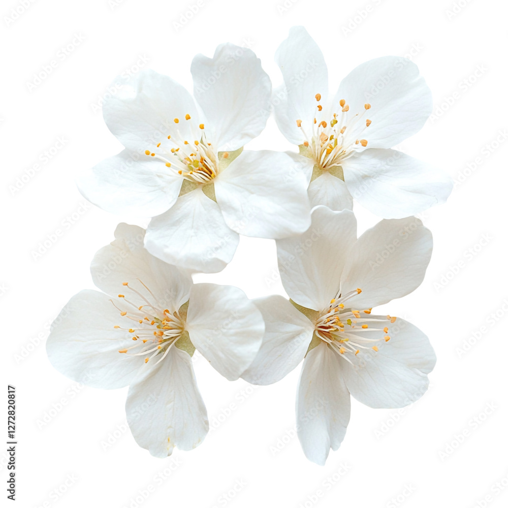 Four Delicate White Blossoms Isolated on Black Background, Four Delicate White Blossoms Isolated on Black Background,