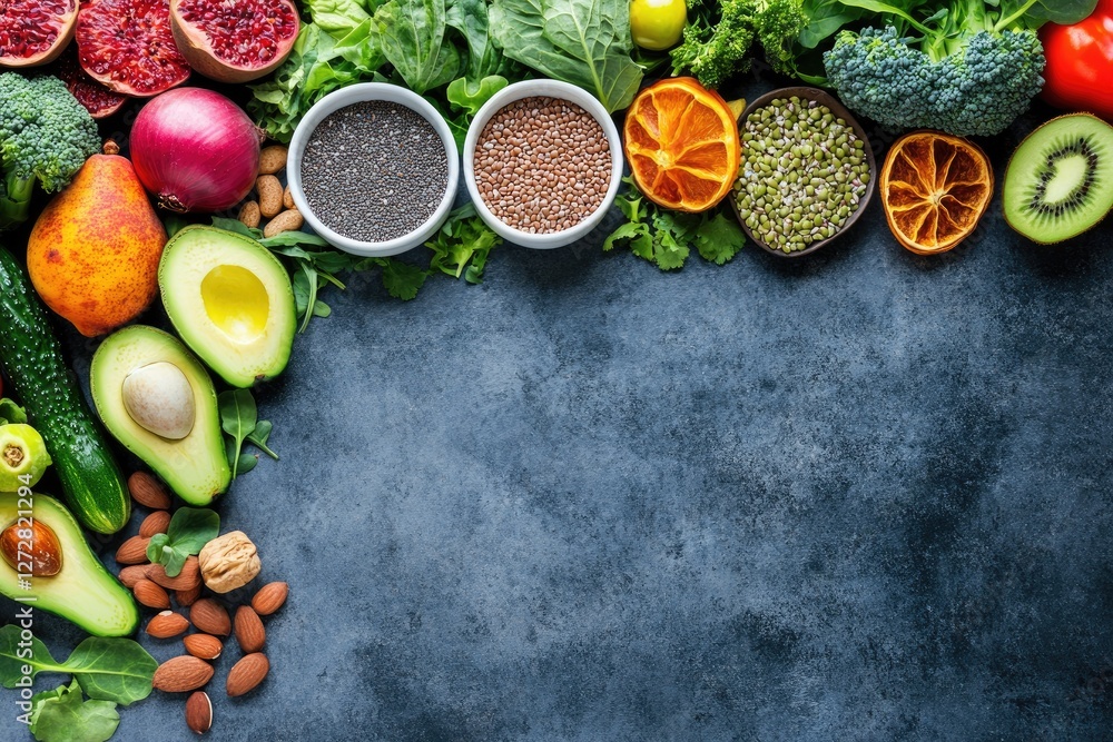 Colorful fruits, vegetables, seeds, and nuts on dark background Colorful fruits, vegetables, seeds, and nuts on dark background
