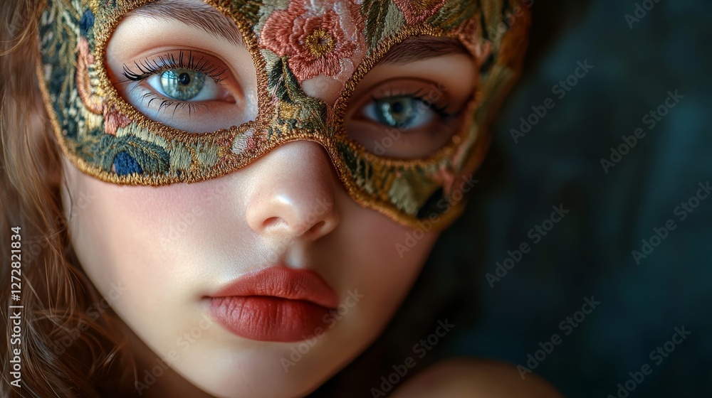Close-Up of a Woman with an Intricate Floral Mask Highlighting Her Striking Features Close-Up of a Woman with an Intricate Floral Mask Highlighting Her Striking Features