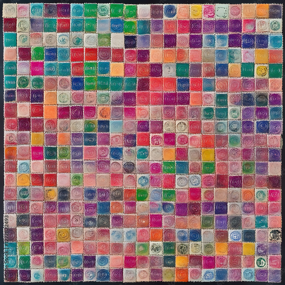 Fototapeta premium Intricate Mosaic of Rectangular Stamps Featuring Embossed Designs Arranged Harmoniously Square Grid.