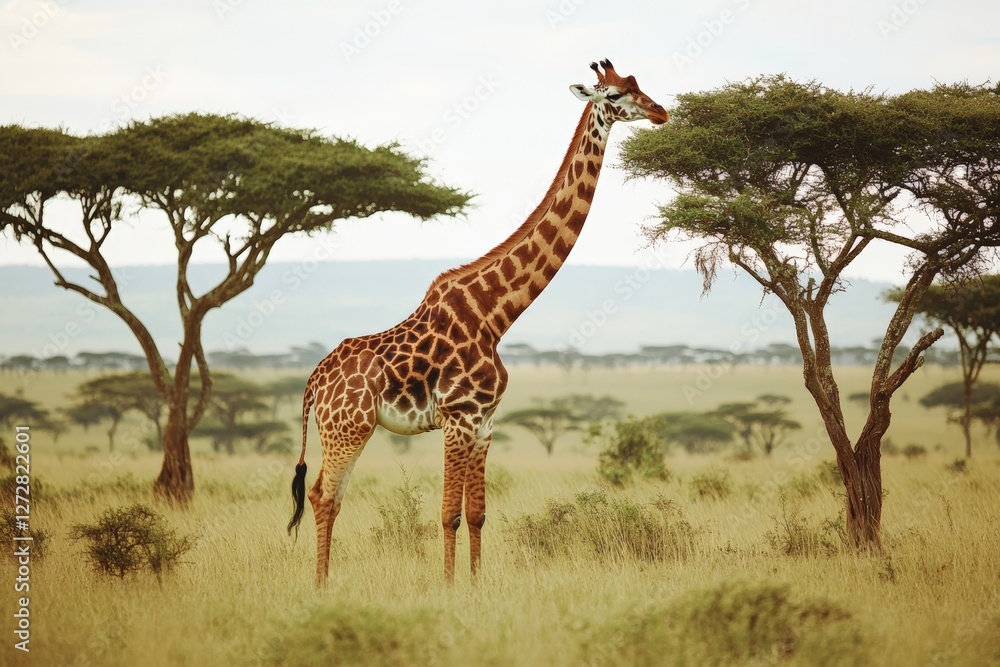 Obraz premium Giraffe in african savannah landscape with acacia trees