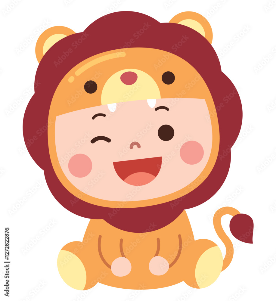 Adorable cartoon illustration of a baby dressed in a lion costume, sitting happily with a big smile and a playful wink Adorable cartoon illustration of a baby dressed in a lion costume, sitting happily with a big smile and a playful wink