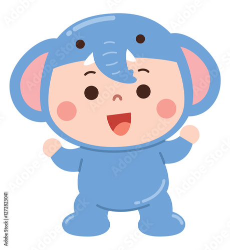 Adorable cartoon illustration of a happy baby dressed in a blue elephant costume. 