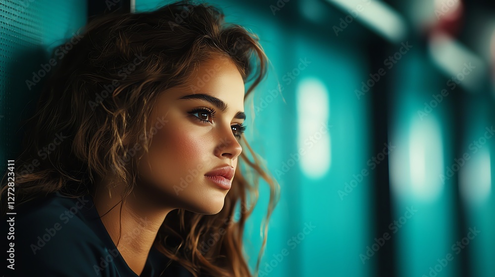 A pensive woman gazes thoughtfully, embodying deep emotions in a vibrant atmosphere. A pensive woman gazes thoughtfully, embodying deep emotions in a vibrant atmosphere.