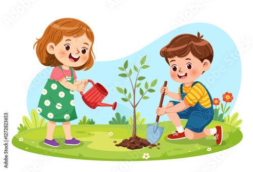 Vector illustration of two children planting tree in garden