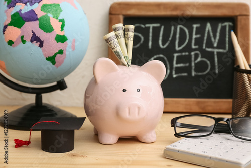 Piggy bank with money, calc...